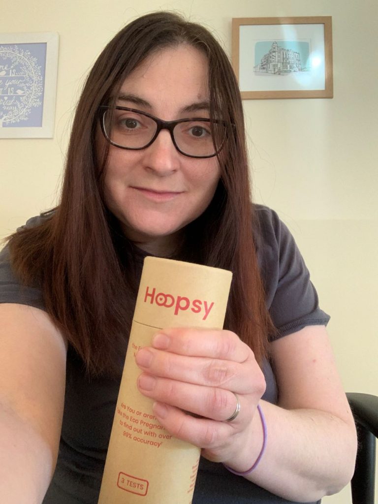 Sarah with a Hoopsy pregnancy test pack